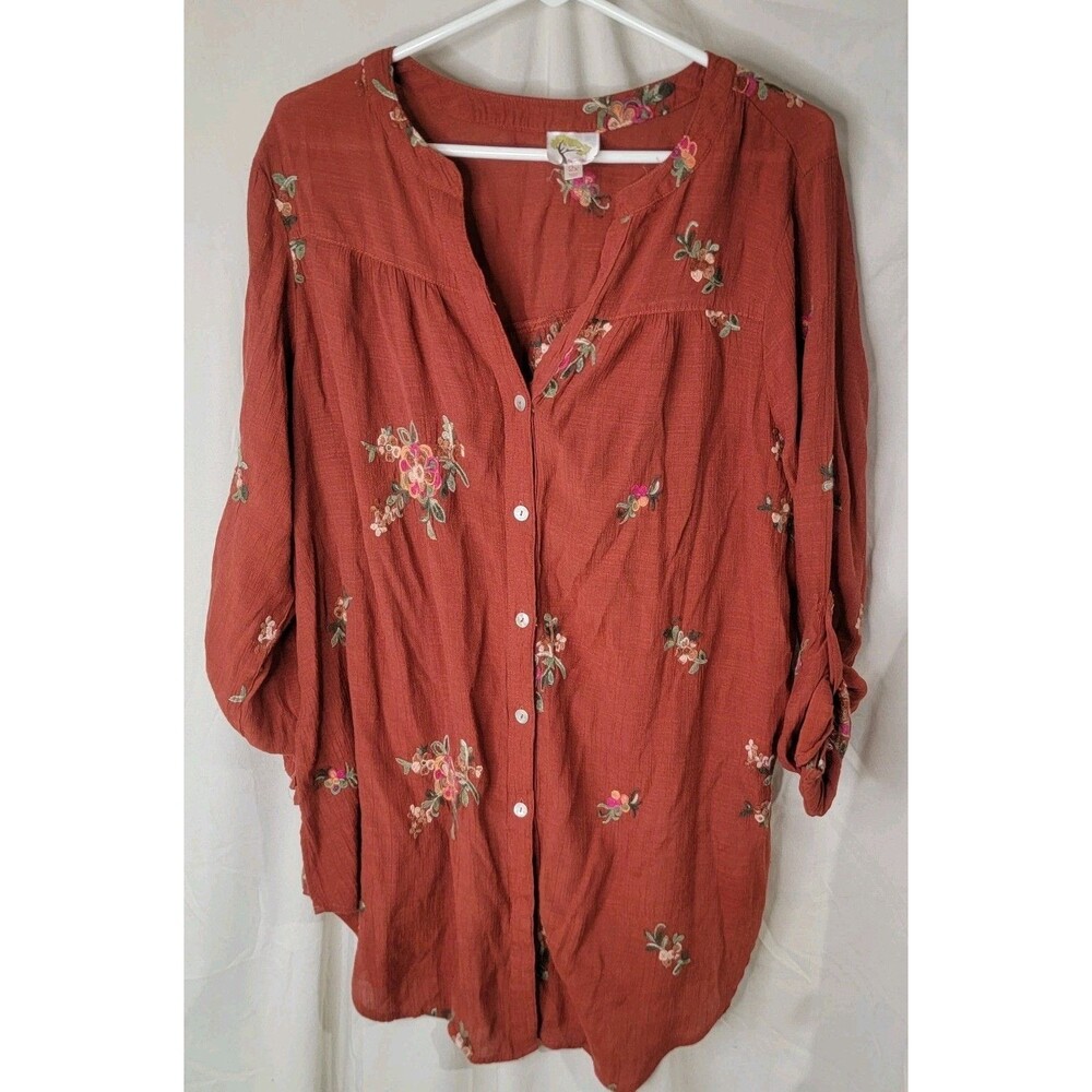 Fig and Flower Boho Embroidered Blouse Womens 2X Rust Button Front Cottagecore